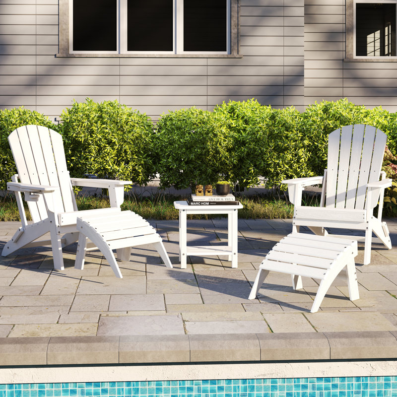 5-piece Hdpe Plastic Adirondack Chair Set With Side Table & Ottomans – All-weather Outdoor Patio Conversation Set, White