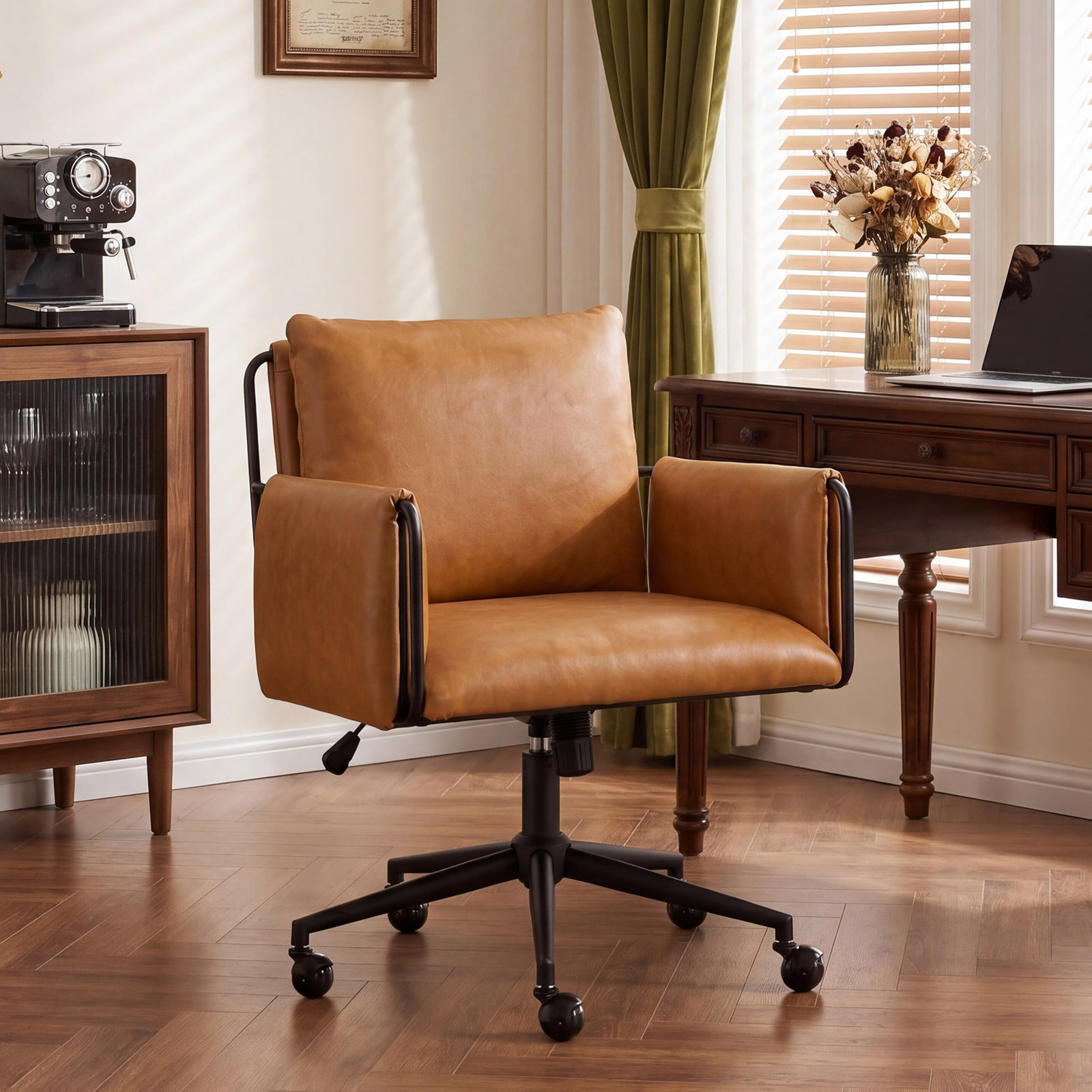 Arianna Upholstered Swivel Office Chair, Brown Seat/ Black Frame