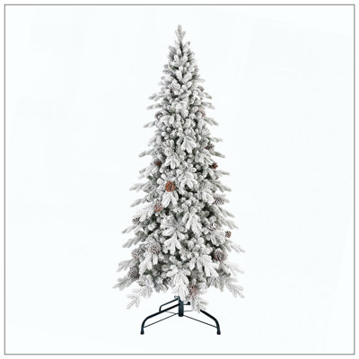 Arbre de Noël en flocage PE / PVC avec 40 pommes de pin naturelles - 1424 pointes, conception peu encombrante, branches articulées, support en métal stable, aspect enneigé réaliste