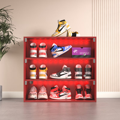 3 Layers Wooden Cabinet For Sneakers - Red Led & Flame- Glass Doors Lighted Shoe Box In Stores Up To 9 Pairs, Remote Control, Design, Wood