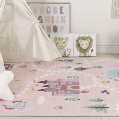 Tapis à motif de château de licorne rose / blanc 8 pi x 11 pi (7 pi 7 po x 10 pi 10 po) de style branche Everly