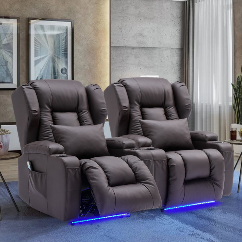 Aguilera Leather Power Recliner Chair Home Theater Seating with LED Lights and Cup Holders, Brown Faux Leather