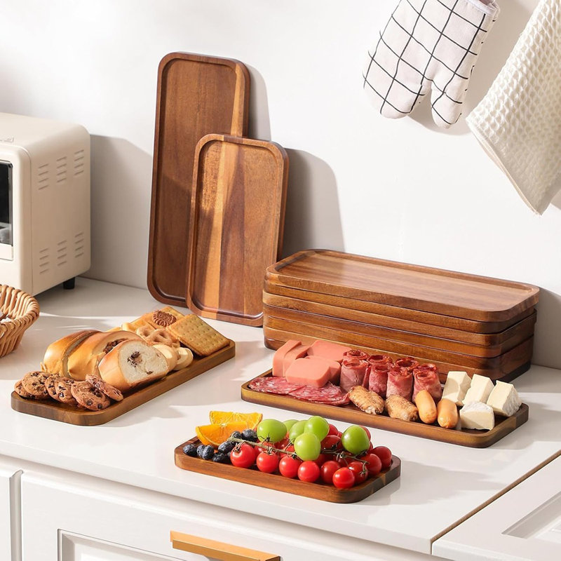 Solid Acacia Wood Serving Tray And Platter, Rectangle Mini Charcuterie And Cheese Board For Kitchen, Bathroom, And Home Decor