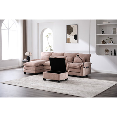 Modulaire en forme de U de 106 po, 4 sièges, chenille douce et respirante, structure en contreplaqué, charge de type C, support pour téléphone, repose-pieds mobile avec espace de rangement, double poches latérales pour le siège principal