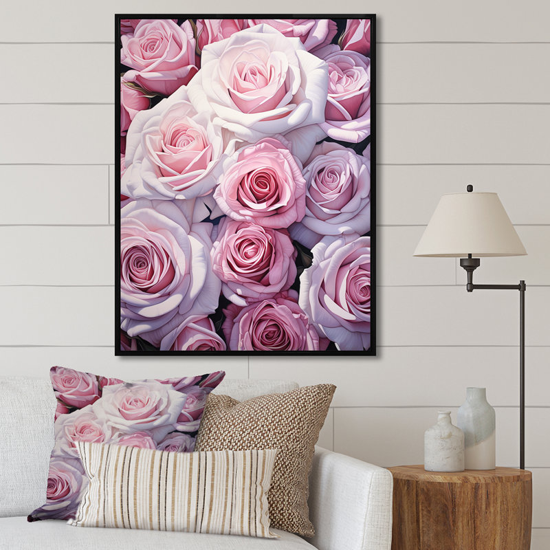 Minimalisme roses roses sur toile, Cadre flottant noir, H 44 po x l 34 po x P 1,5 po