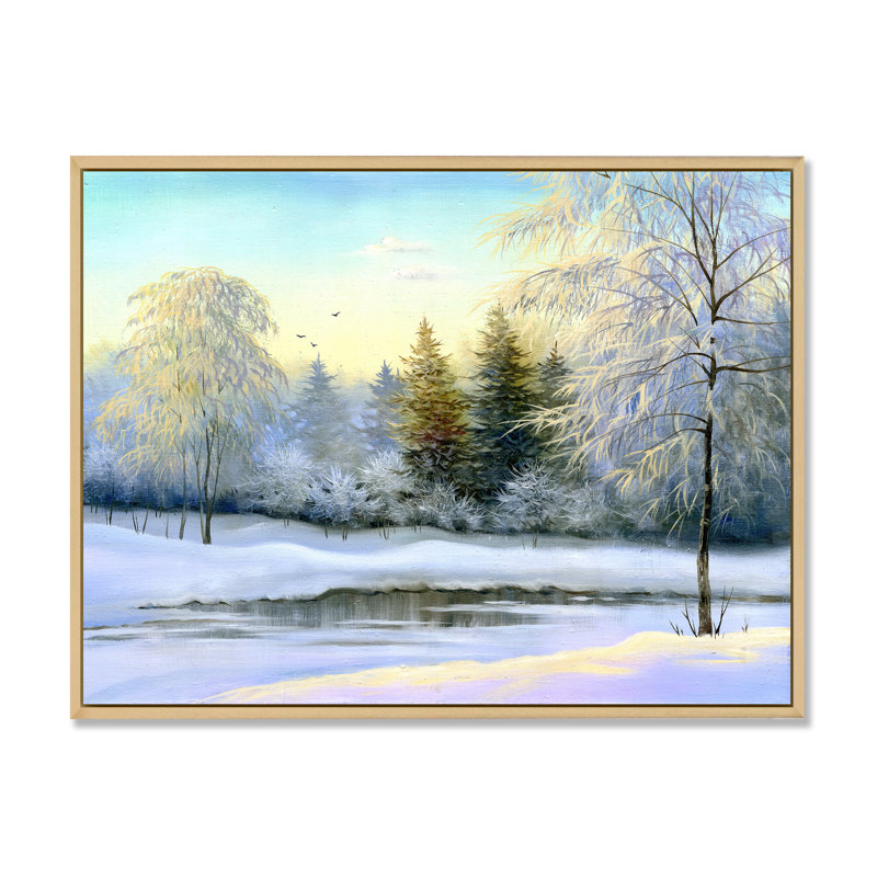 «Beautiful Winter River Landscape Pendant Sunset», peinture sur toile, H 12 po x l 20 po, Cadre flottant en érable