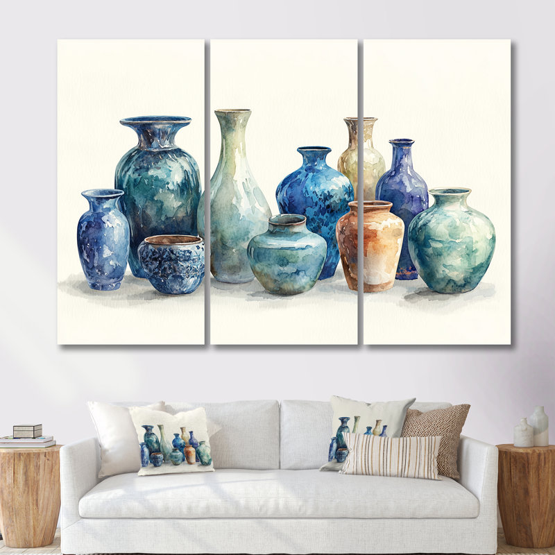 Ensemble de décorations murales vases bleus dans un motif II - Boho Pottery, H 28 po x l 36 po x P 1 po, Toile tendue