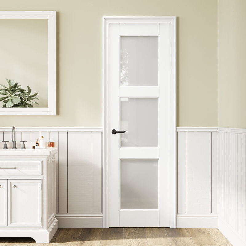 Frosted Glass 3-Lite Slab Solid Manufactured Wood Core Standard Door, 24" x 80"