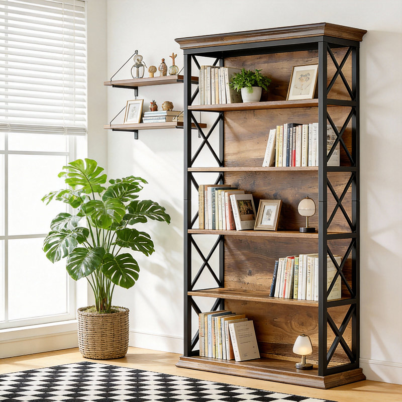 Bibliothèque de style campagnard 70,87 "avec structure en métal robuste, mobilier haut de gamme haut de gamme