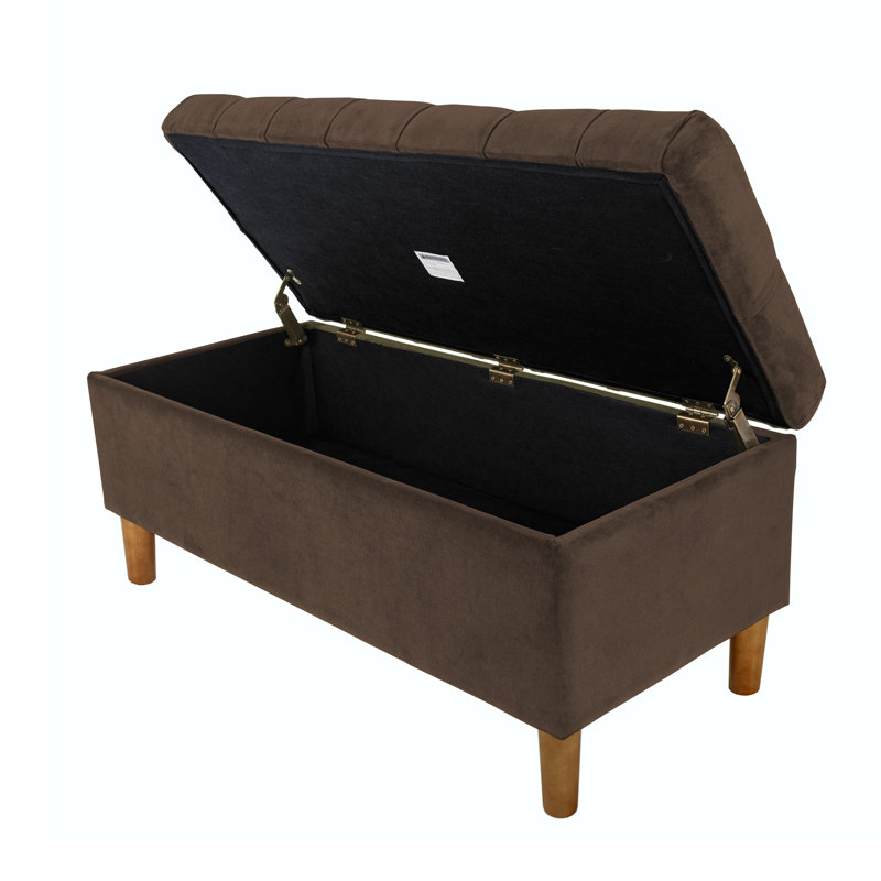 Chocolate Brown Velvet Tufted Storage Bench with Honey Oak Legs