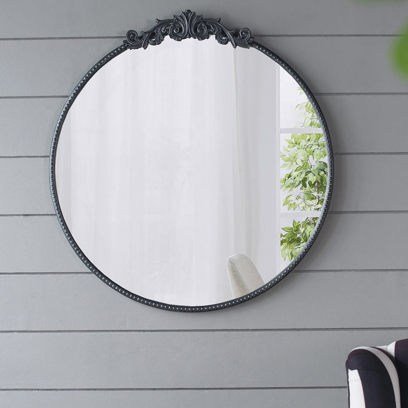 Miroir rond de conception classique avec cadre d'inspiration baroque pour la salle de bain, 32 po x 30 po, Noir