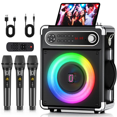 JYX Portable Karaoke Machine with 3 Wireless Microphones, RGB LED Lights & Remote - Bluetooth PA Speaker System with Bass/Treble Control, USB/TF/FM/AUX Input, TWS Stereo for Home Parties & Outdoor Events