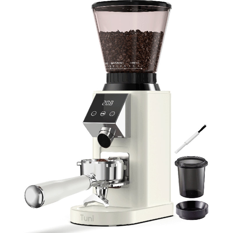 Tuni G1 Conical Burr Coffee Grinder, 48 Grind Settings Anti-static Burr Mill, Precision Electronic Timer and LED Touchscreen for Espresso/Drip/Cold Brew/French Press, Stainless Steel, Ivory