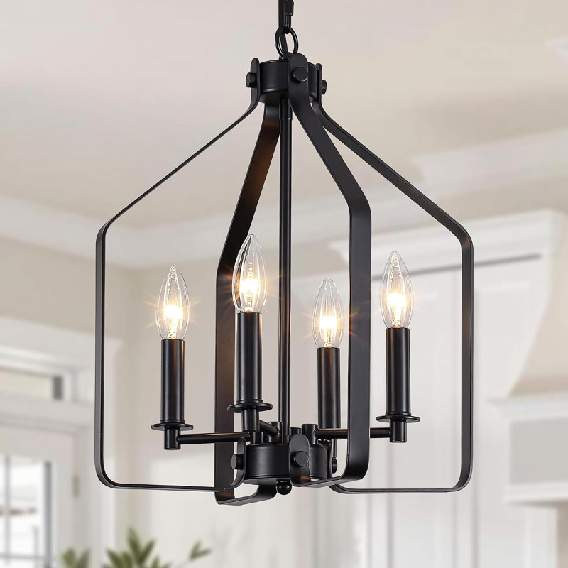 Lustre industriel géométrique noir à 4 lumières pour salle à manger, Noir mat