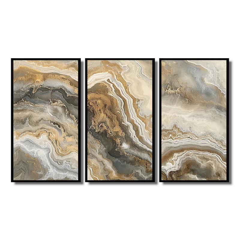 Ensemble d'art mural subtil or gris et blanc - marbre, H 28 po x l 36 po x P 1 po, Cadre flottant noir