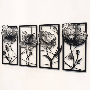 3 Piece Metal Floral Line Art Wall Décor Set Red Barrel Studio Size: 27 H x 54 W x 1 D, Finish: Black