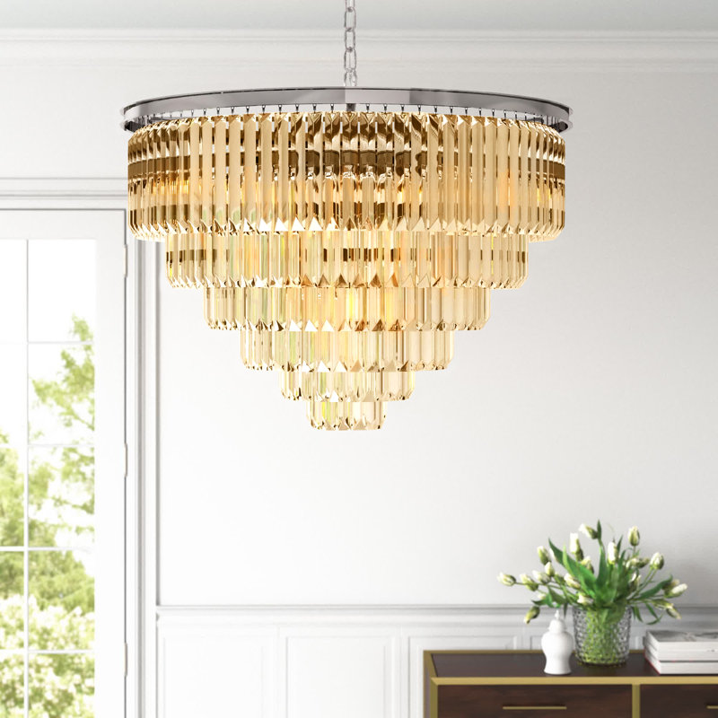 Yazmin 10 - Light Tiered Chandelier, Polished Nickel, Golden Teak (Smoky)