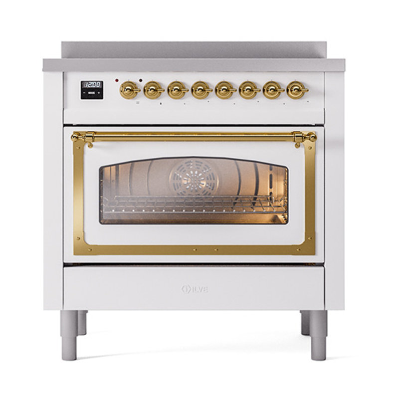 ILVE Nostalgie II Noblesse 36 po à induction, éléments à induction (porte vitrée), Blanc/laiton