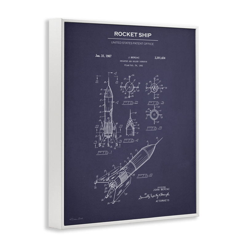 «Rocket Ship Blueprint», art de la giclée encadrée par Susan Ball, Estampe numérique encadrée blanc bord de mer