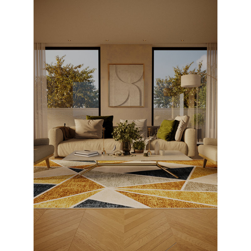Tapis bleu / brun / beige en polyester tissé à la main Marayna, Rectangulaire 3 pi x 5 pi