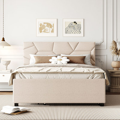 Lit plateforme tapissier avec tête de lit à motif brique et lit gigogne en lin
