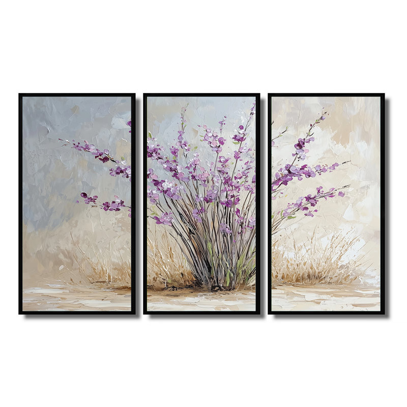 Bouquet de lavande minimaliste - art mural lavande - 3 panneaux, H 28 po x l 36 po, Noir