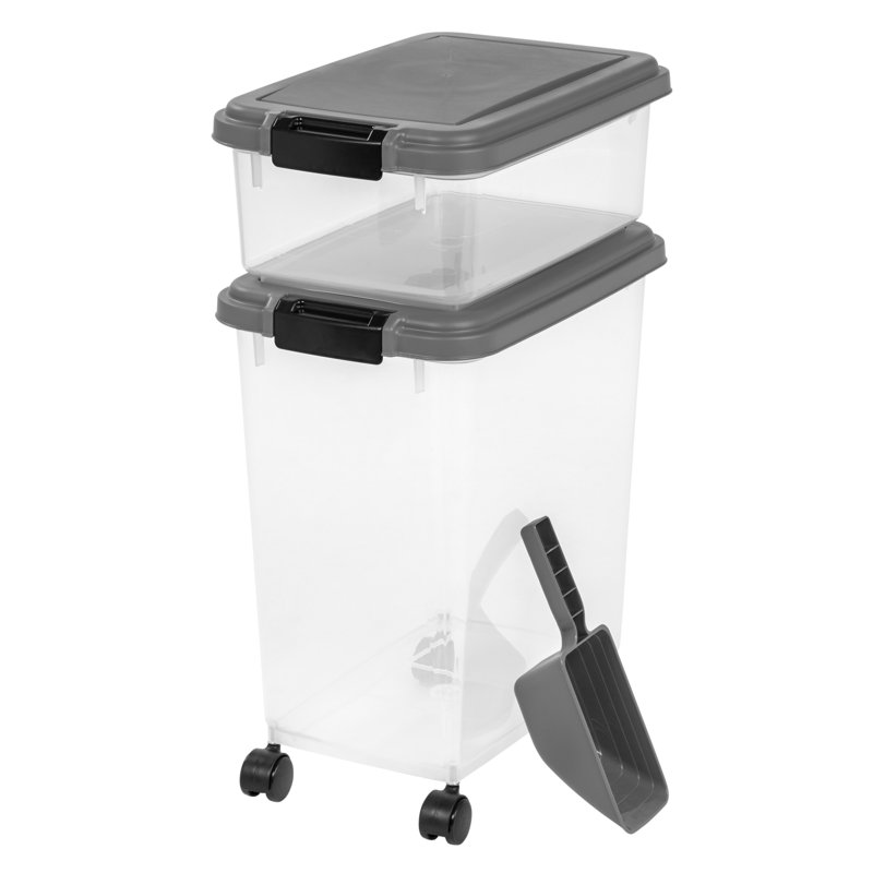 IRIS 35 lb Combo de rangement pour aliments pour animaux empilable et étanche WeatherPro, Gris foncé