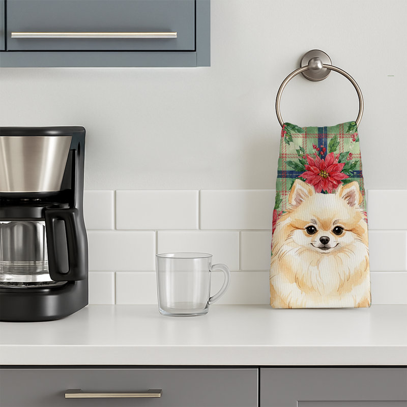 Cream Pomeranian Christmas PoinsettIas Kitchen Towel, Cream Pomeranian