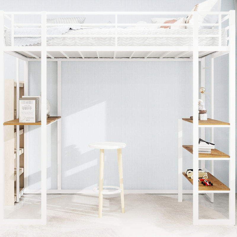 Lit simple en fer-blanc, avec rampe, escaliers de chaque côté, fonctionnel, pour chambre à coucher, table, sommier double intégré, design élégant