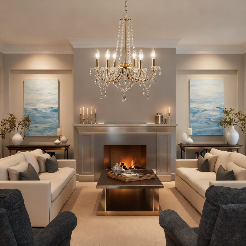 Elegant 6-Light Gold Crystal Chandelier, Adjustable Height Pendant
