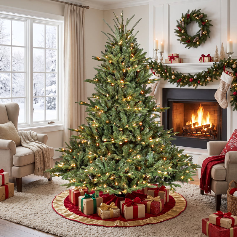 Sapin de Noël artificiel de 2,13 m (7 pi) préilluminé avec 750 lumières blanc chaud certifiées UL, 2257 pointes en PE/PVC, branches articulées, profil large et support en métal