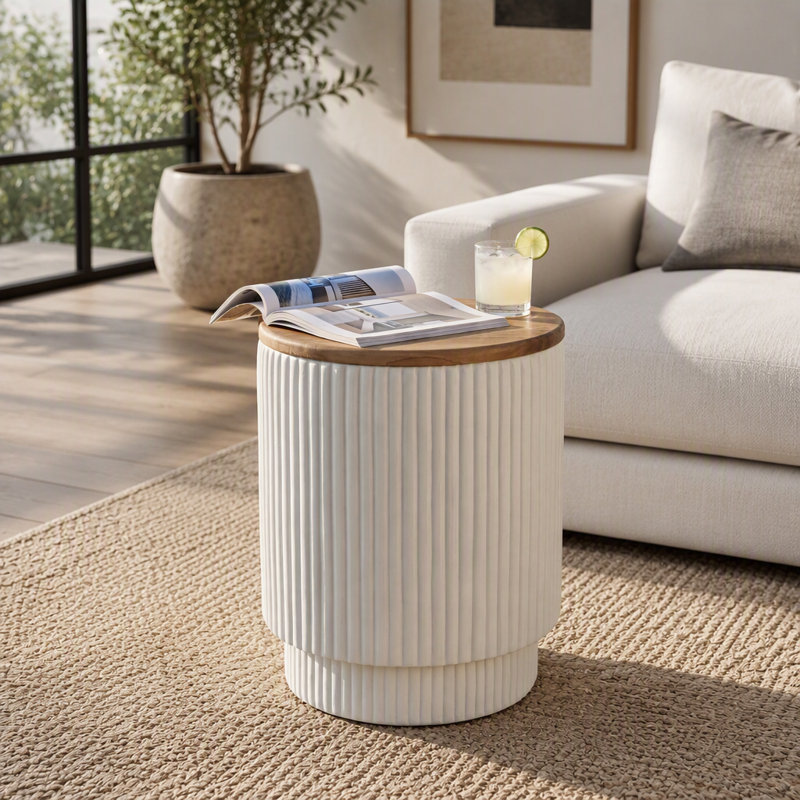 Table d'appoint de rangement d'extérieur durable en bois d'acacia et MGO avec système de positionnement intérieur et supérieur spacieux