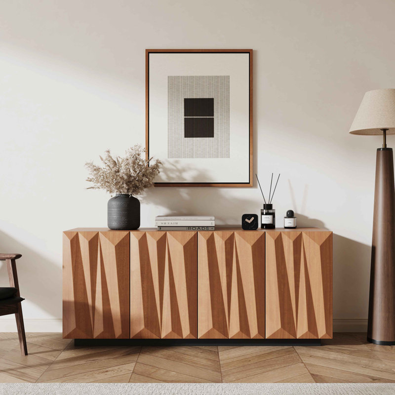 Buffet 60 po Mid-Century avec portes 3D, armoire de rangement pour cuisine avec 4 portes et 2 tablettes, meuble télé pour salon, chambre à coucher