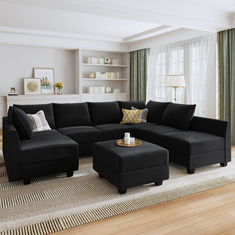 Canapé modulaire en coin avec chaise et repose-pieds Tremee, Velours noir