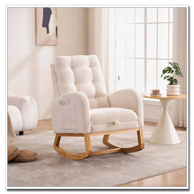 Chaise berçante avec repose-pieds à haut dossier, Beige / Blanc