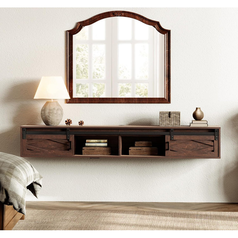 Abigeal Floating TV Stand for TVs up to 80" with Sliding Barn Door, Brown
