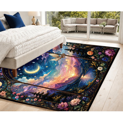 Tapis paysage céleste nocturne, style vitrail, motif lune, étoiles et coucher de soleil onirique, tapis de sol artistique antidérapant, décoration intérieure vibrante pour salon, chambre, dortoir, appartement, bureau
