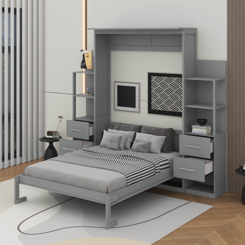 Lit escamotable double avec tablettes, tiroirs et DEL, Gris, Full