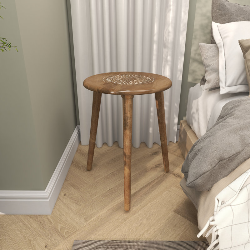 Anthea Mango Wood Handmade Intricately Carved Floral Side End Accent Table with 3 Slender Legs, Light Brown