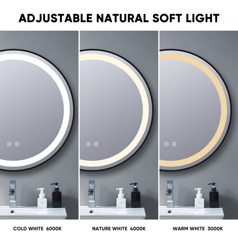  Miroir de salle de bain 24 po à DEL, anti-buée, miroir mural rond noir avec cadre, 24 po x 24 po