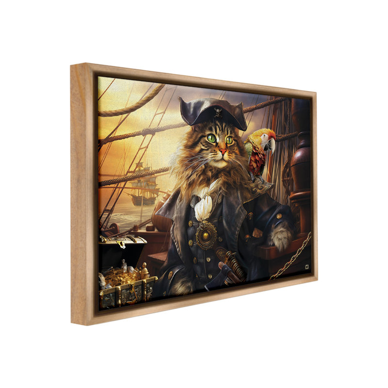 «Pirate Cat On Ship Floater Frame» par Michael David Ward sur toile, Cadre flottant orme Montalcino, H 25 po x l 31 po