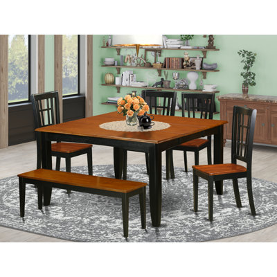 6 Piece Dining Table Set Contains a Square Dining Room Table with Butterfly Leaf and 4 Wooden Seat Chairs with a Bench, 54x54 Inch, Black & Cherry