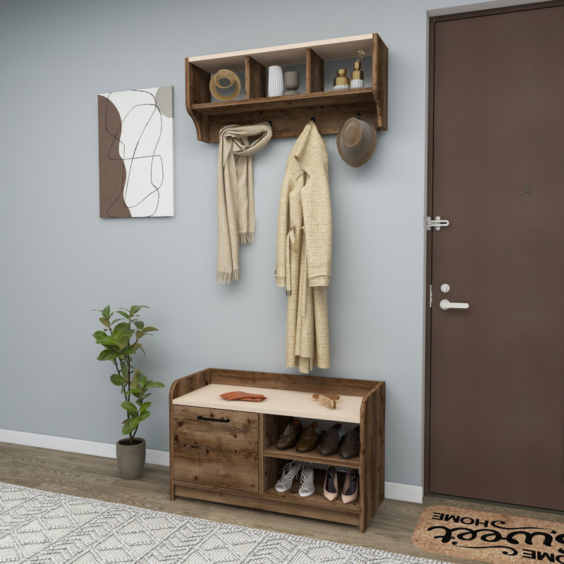 Macclemmy 83.6 cm W Hall Tree with Shoe Storage, Light Walnut/Beige