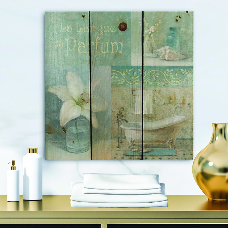 Reproduction d’art sur bois, "salle de bain lys parfum de bain", H 30 po x l 30 po x P 1 po