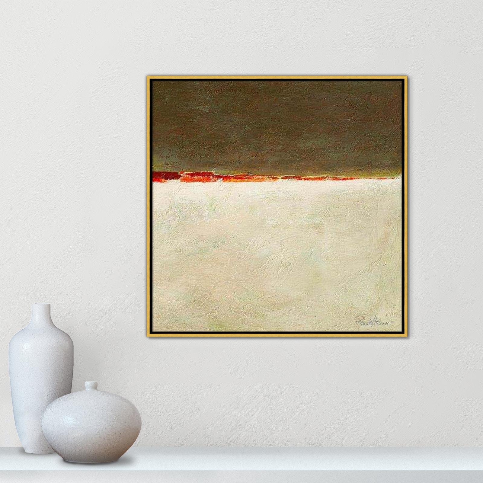 Orange Horizon I by Renate Holzner, 31.5'' H x 31.5'' W x 2'' D, Gold Framed
