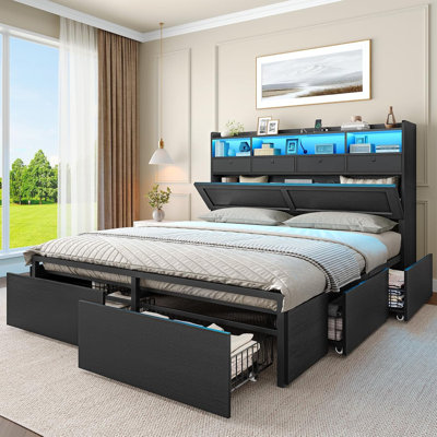 Cadre de lit grand format avec rangement et tête de lit en cuir, 6 tiroirs sous le lit, sans sommier tapissier, noir