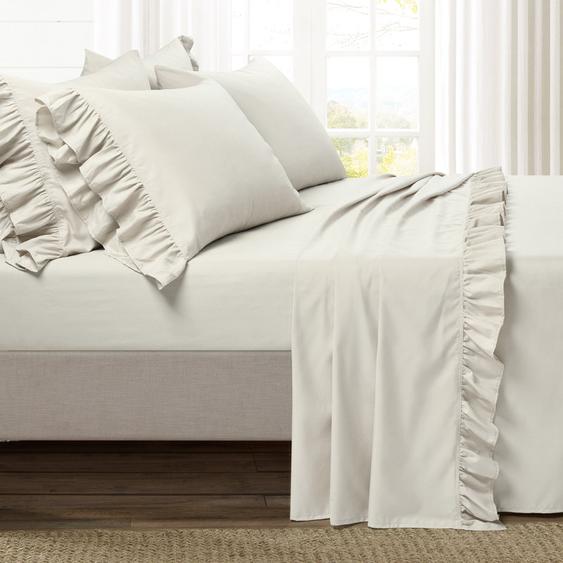 Reyna Ruffle Microfiber Sheet Set, Wheat, Full Sheet Set with Fitted Sheet and 4 Pillowcases