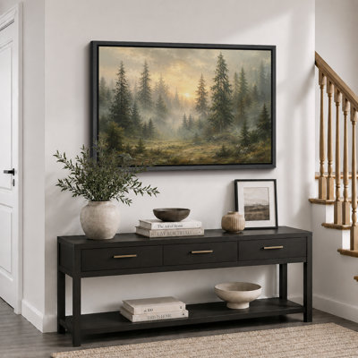 Misty Evergreen Forest Sunrise Artwork, Rustic Living Room Pictures, Framed Canvas Giclee Print Wall Art