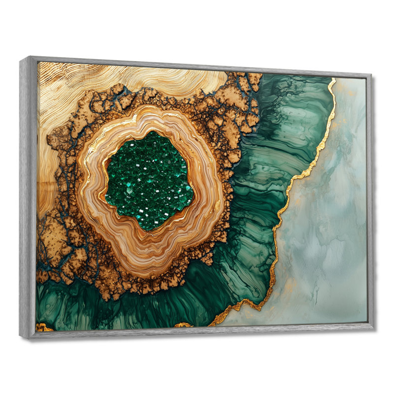 Abstrait émeraude et glissade sur bois rivière II - cristaux, art mural, H 30 po x l 40 po, Impression encadrée flottante