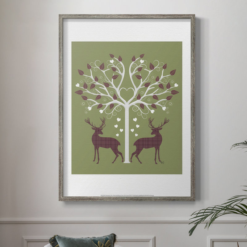 «Christmas Des Deer and Heart Tree», reproduction encadrée rose sur vert - bois massif, H 21 po x l 17 po
